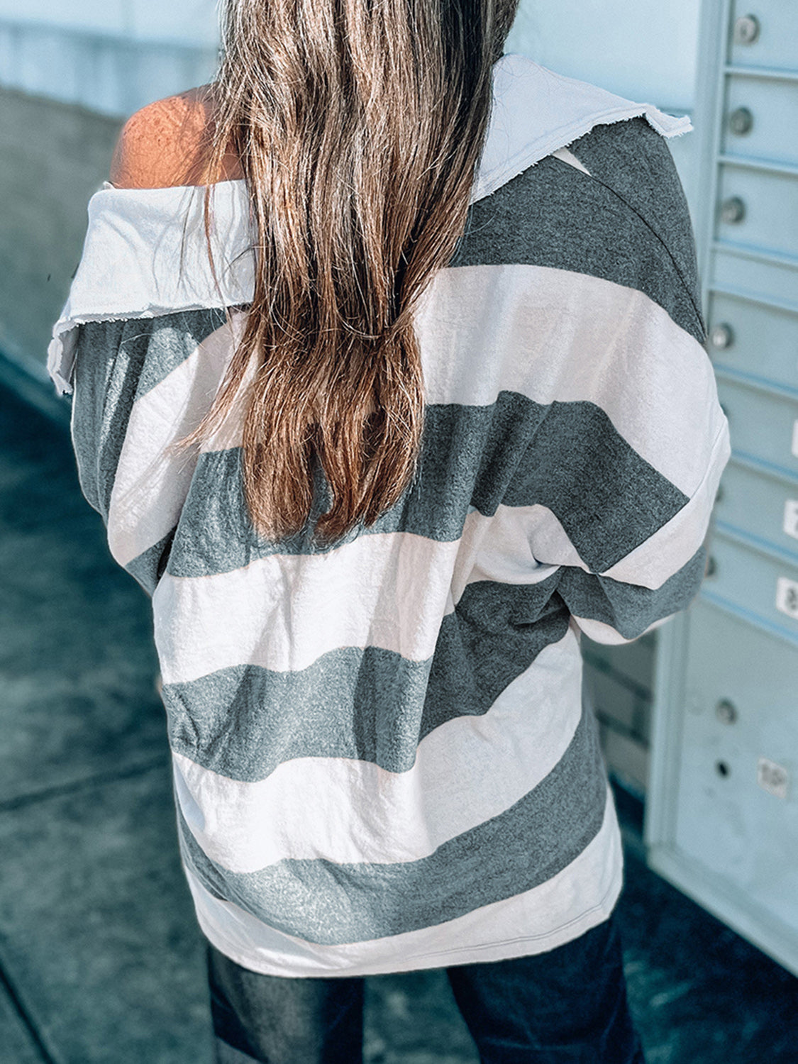 Striped Collared Neck Long Sleeve T-Shirt-Angel Casuals