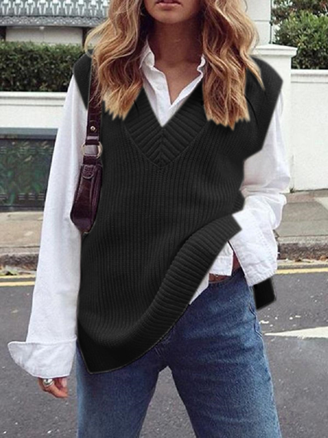 Ribbed V-Neck Sleeveless Sweater Vest-Angel Casuals