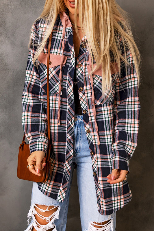 Plaid Drawstring Hooded Jacket with Pockets-Angel Casuals