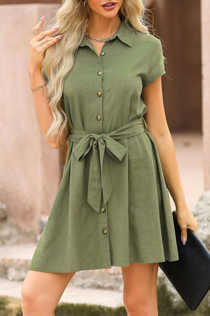 Tied Button Up Short Sleeve Dress-Angel Casuals