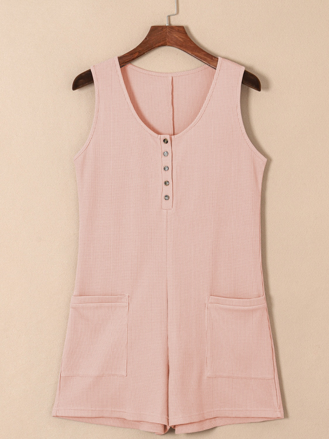 Waffle-Knit Half Button Sleeveless Romper with Pockets-Angel Casuals