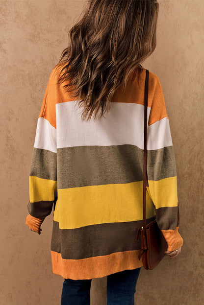 Color Block Lantern Sleeve Open Front Cardigan with Pockets-Angel Casuals