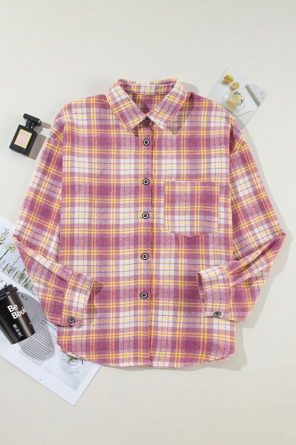 Plaid Collared Neck Long Sleeve Shacket-Angel Casuals