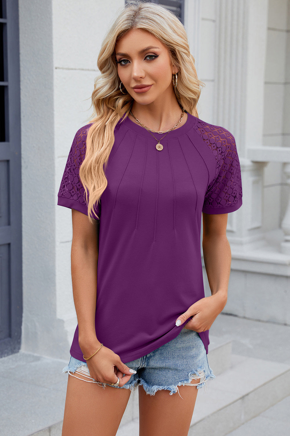 Openwork Round Neck Short Sleeve T-Shirt-Angel Casuals