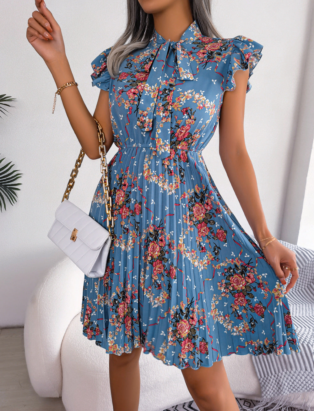 Pleated Floral Printed Tie Neck Knee Length Dress-Angel Casuals