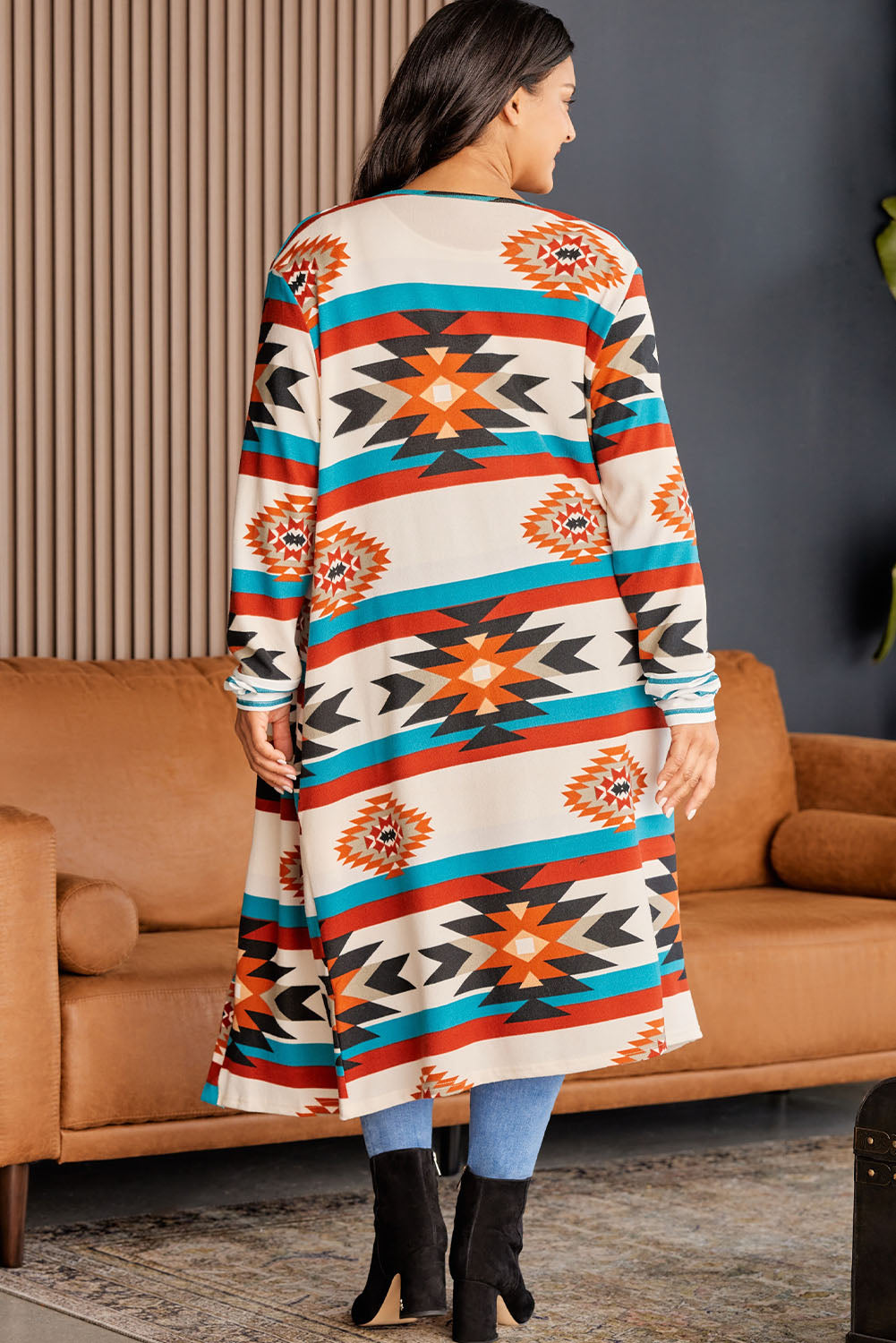 Plus Size Geometric Open Front Longline Cardigan-Angel Casuals