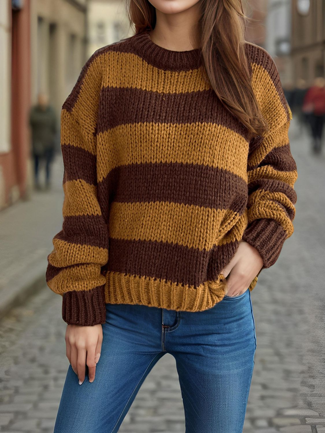 Contrast Striped Round Neck Long Sleeve Sweater-Angel Casuals