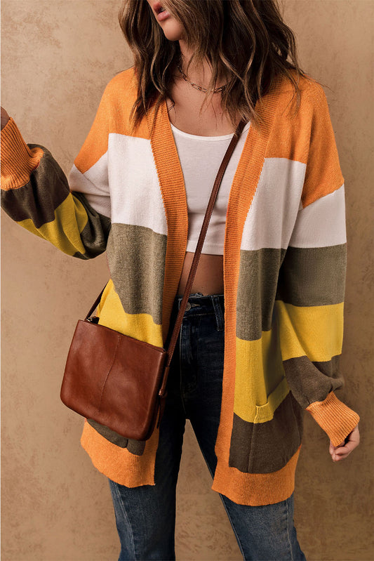 Color Block Lantern Sleeve Open Front Cardigan with Pockets-Angel Casuals