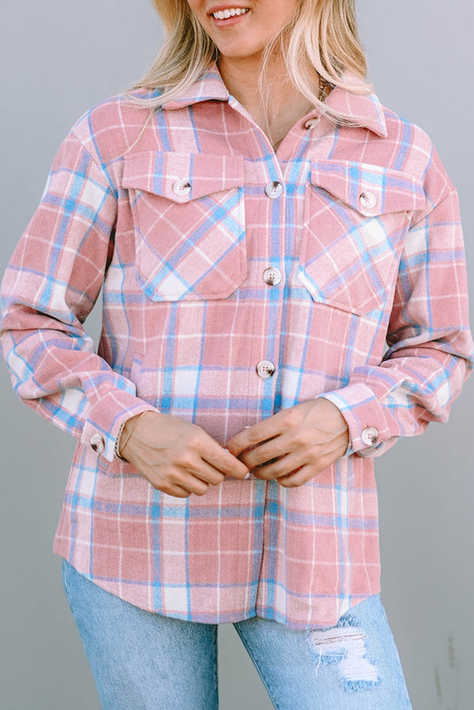 Plaid Pocketed Collared Neck Button Up Jacket-Angel Casuals