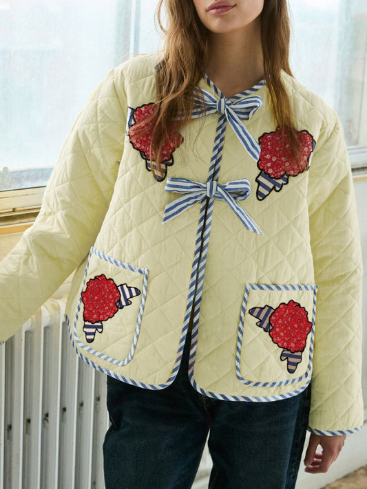 Embroidered Flower Tied Long Sleeve Winter Coat-Angel Casuals