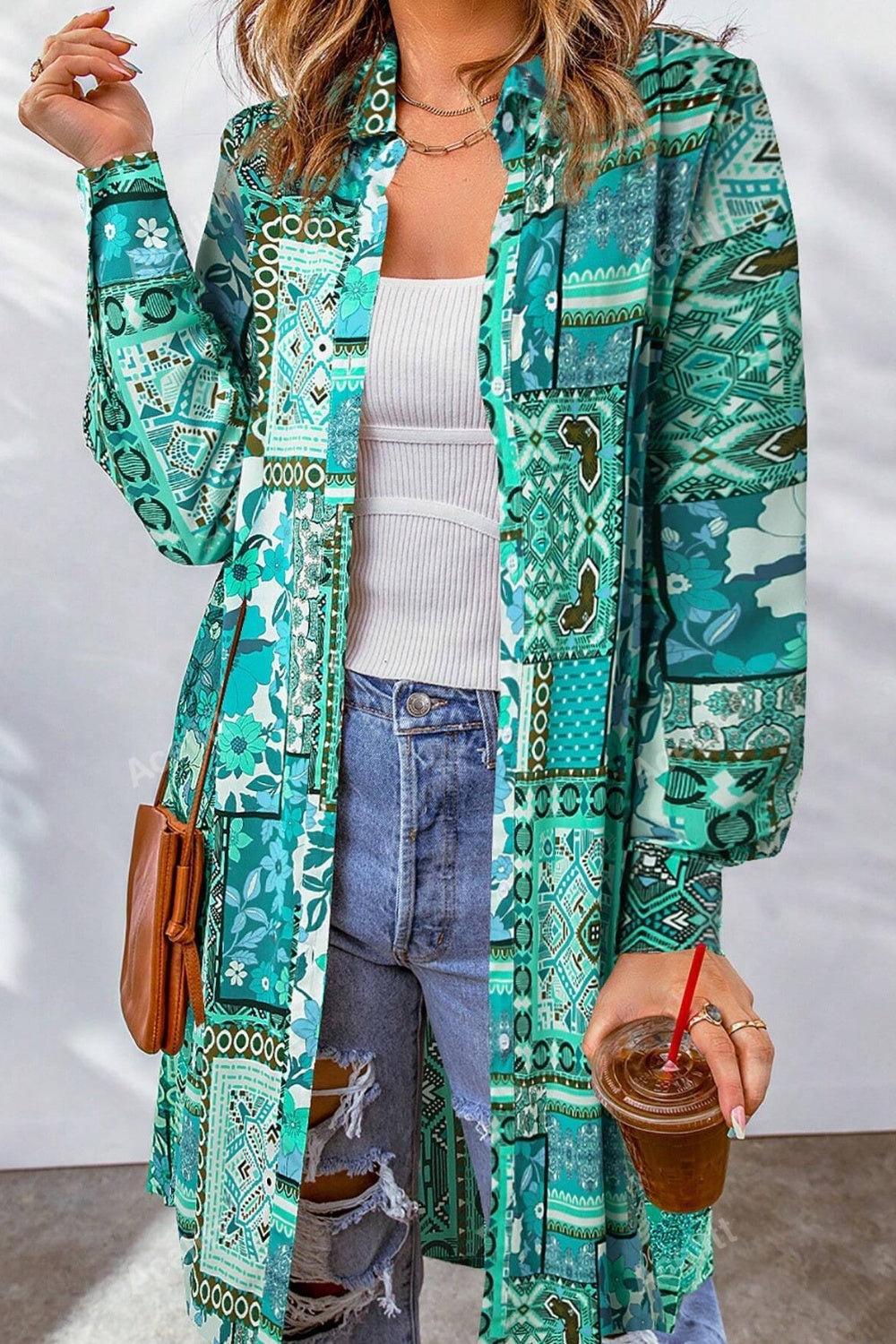 Printed Button Up Long Sleeve Cardigan-Angel Casuals