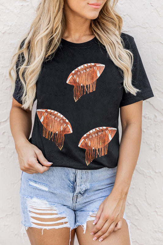Sequin Football Round Neck Short Sleeve T-Shirt-Angel Casuals