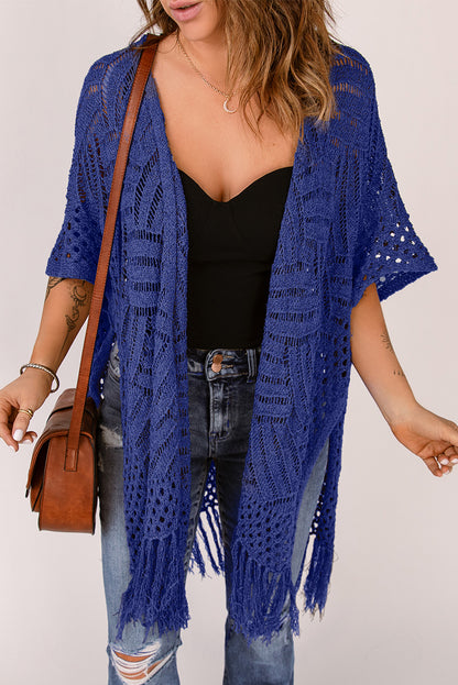 Openwork Open Front Cardigan with Fringes-Angel Casuals