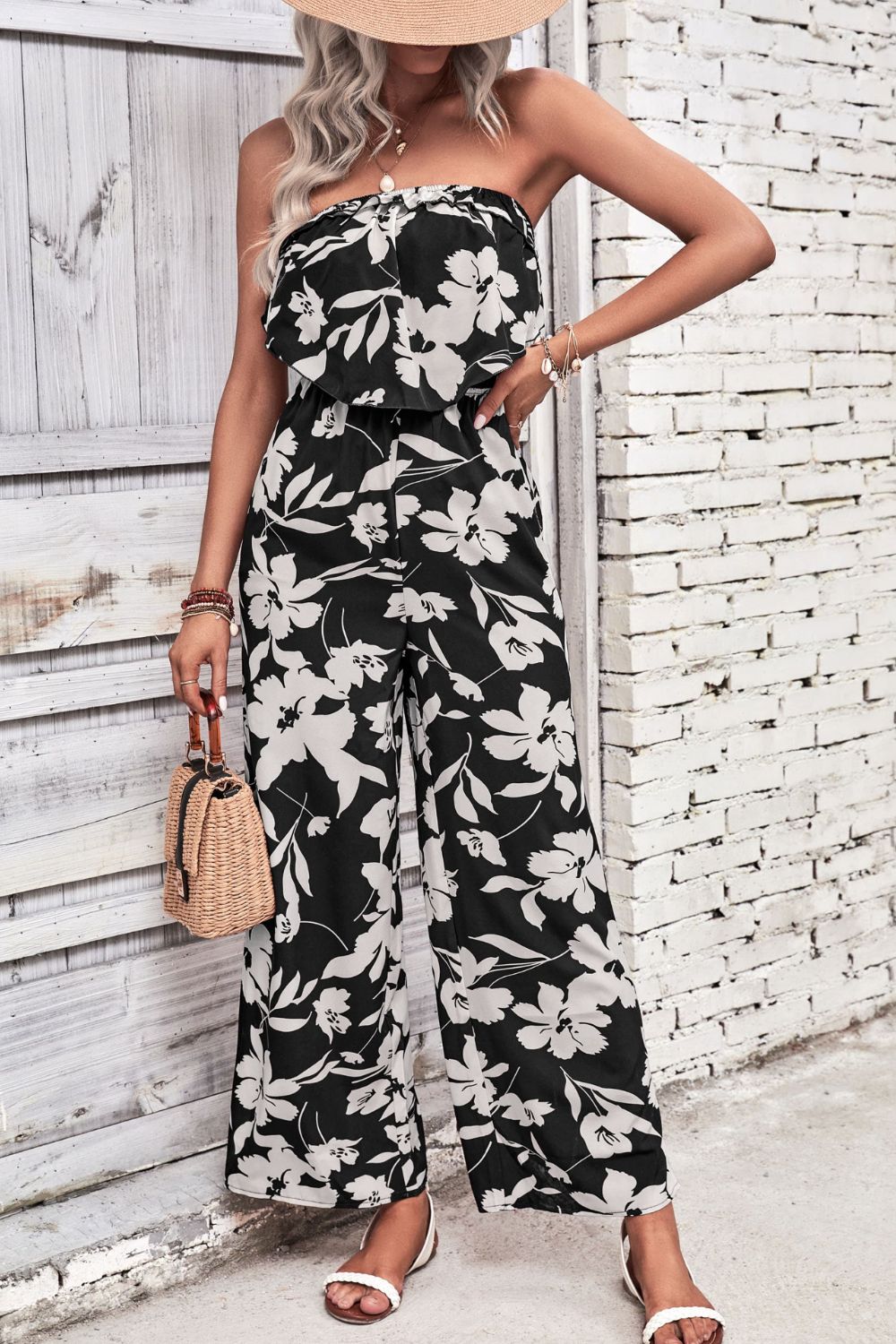 Floral Strapless Wide Leg Jumpsuit-Angel Casuals