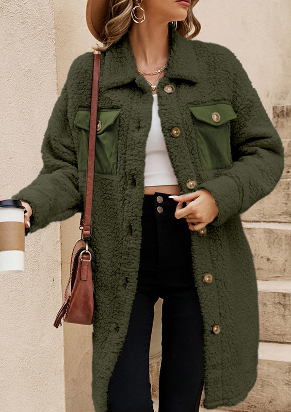 Collared Neck Long Sleeve Longline Teddy Jacket-Angel Casuals
