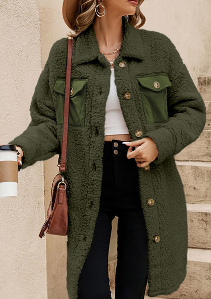 Collared Neck Long Sleeve Longline Teddy Jacket-Angel Casuals