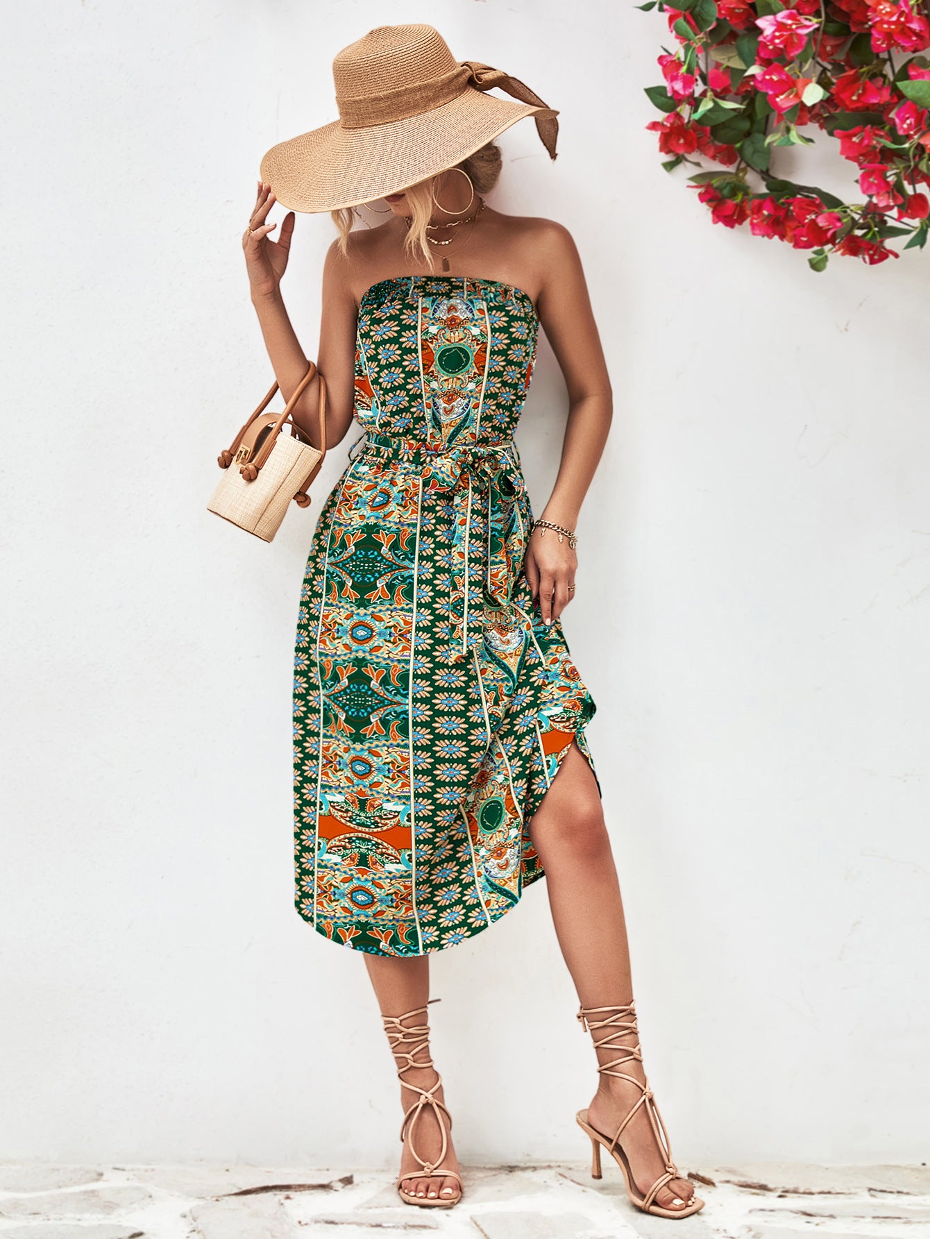 Printed Strapless Tie Belt Dress-Angel Casuals