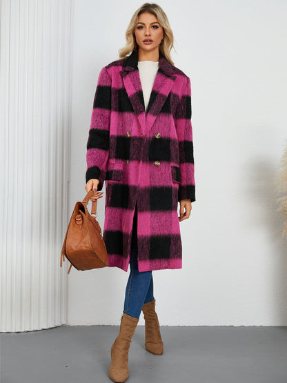 Plaid Double-Breasted Long Sleeve Coat-Angel Casuals