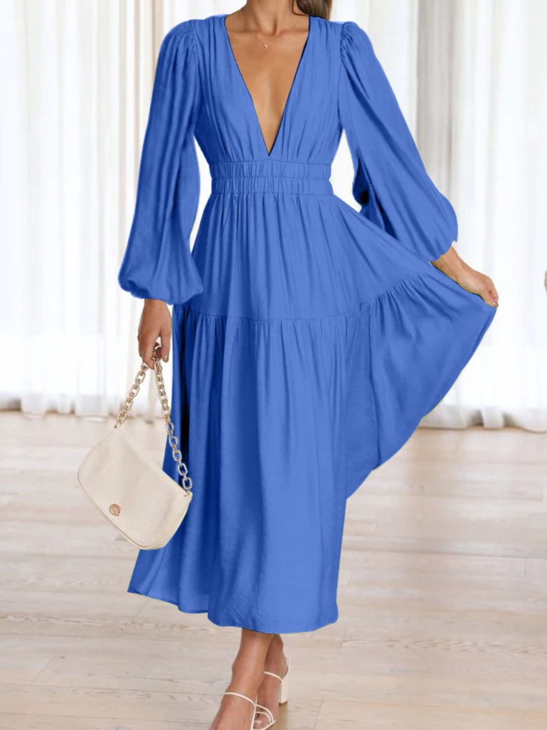 Deep V-Neck Balloon Sleeve Plain Maxi Dress-Angel Casuals