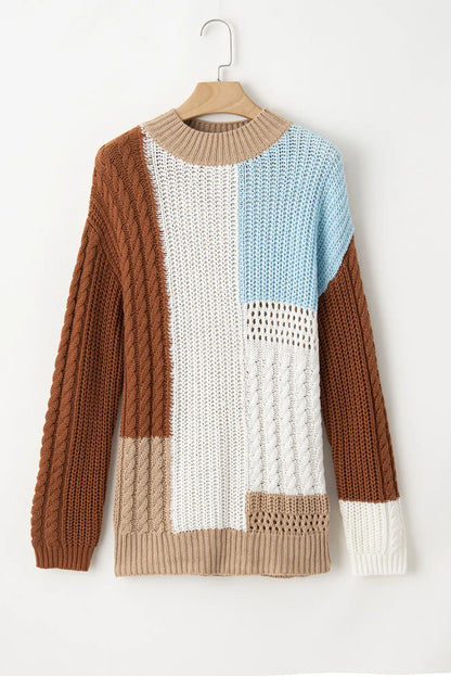 Color Block Round Neck Long Sleeve Sweater-Angel Casuals