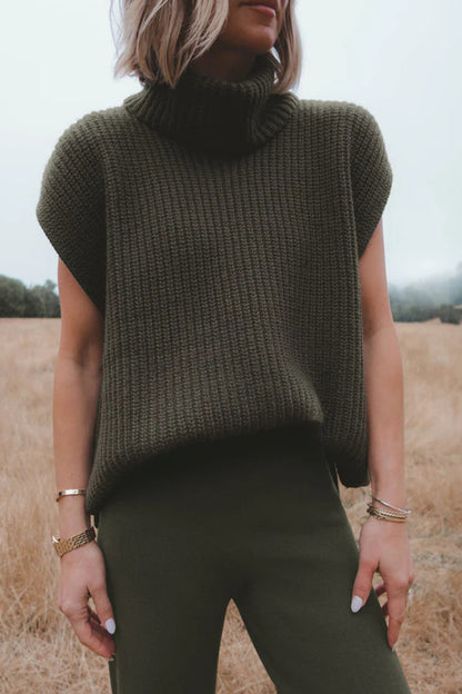 Slit Turtleneck Cap Sleeve Sweater-Angel Casuals