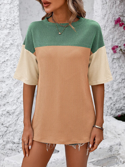 Color Block Round Neck Half Sleeve T-Shirt-Angel Casuals