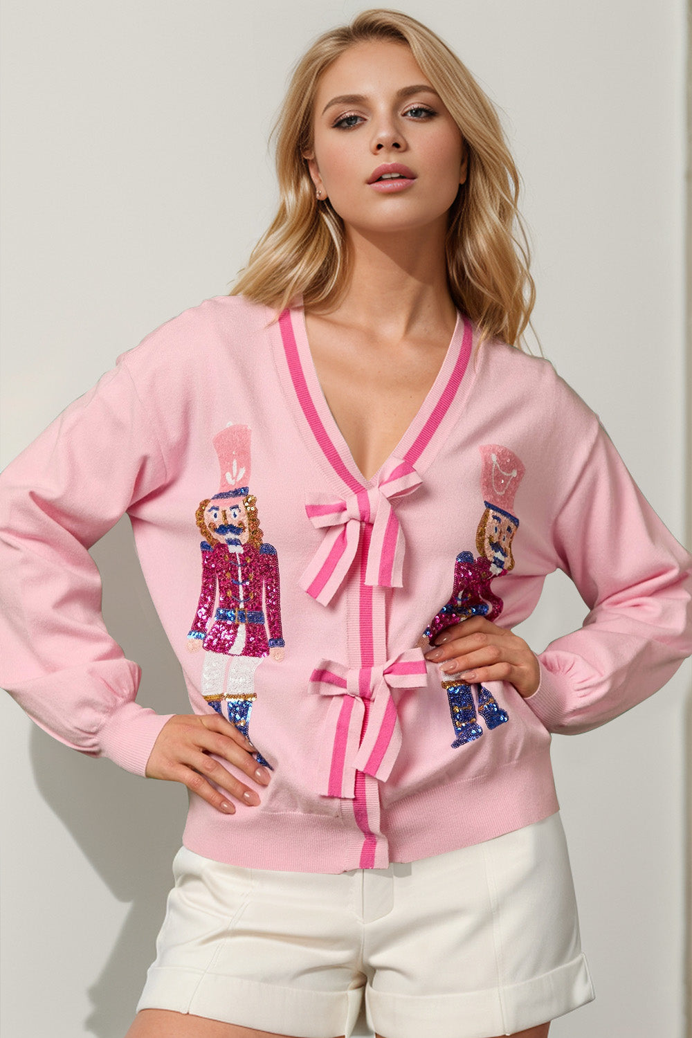 Double Take Full Size Nutcracker Sequin Bow Decor Cardigan-Angel Casuals