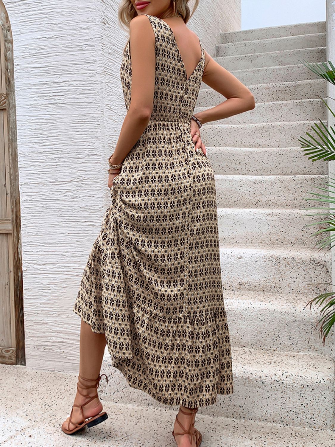 Printed V-Neck Tie Waist Midi Dress-Angel Casuals