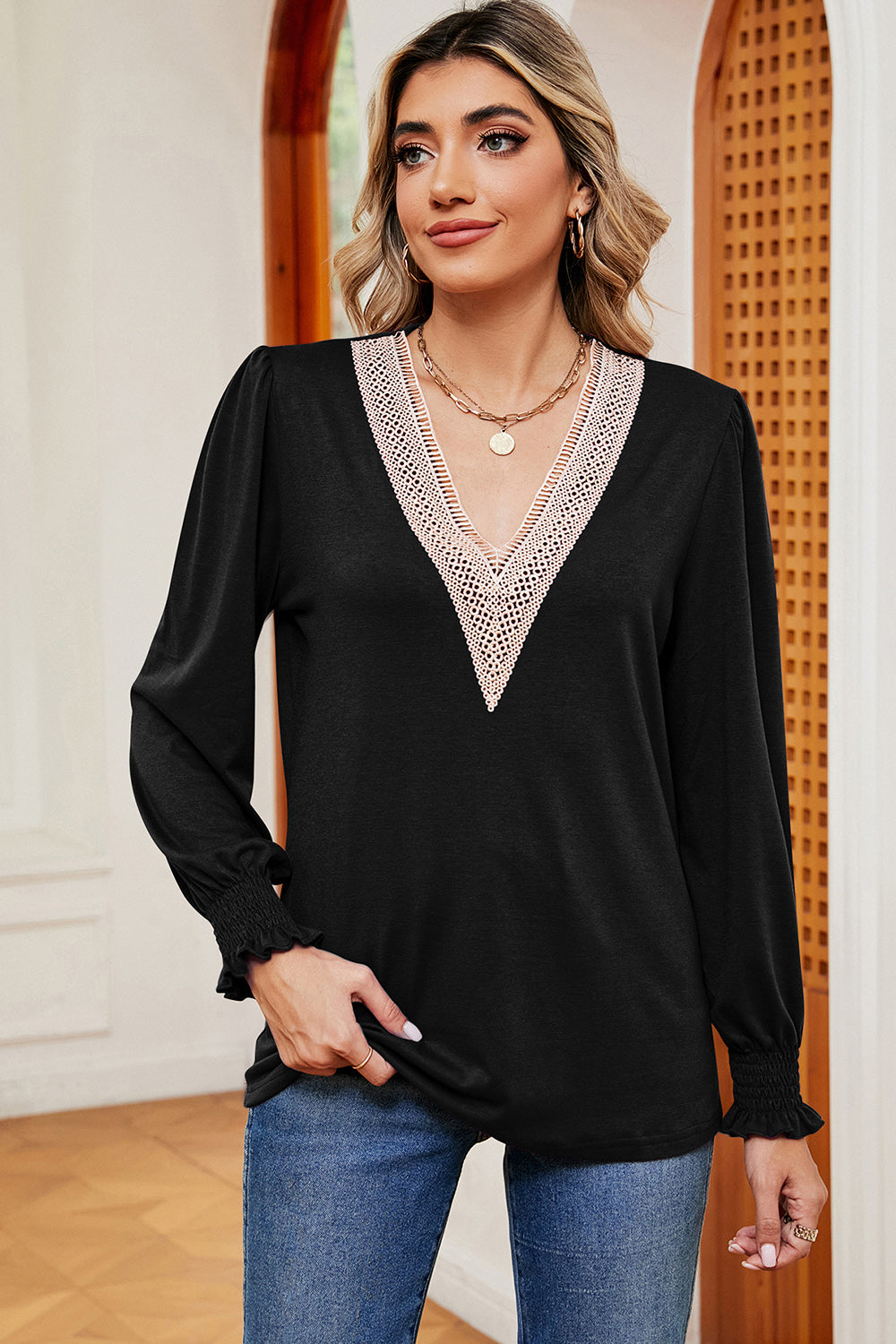V-Neck Long Sleeve T-Shirt-Angel Casuals