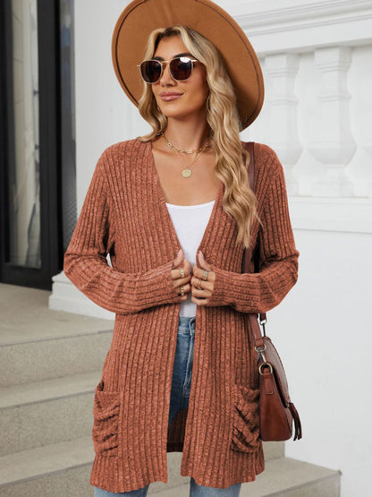 Pocketed Open Front Long Sleeve Cardigan-Angel Casuals