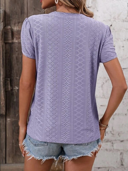 Eyelet V-Neck Petal Sleeve T-Shirt-Angel Casuals