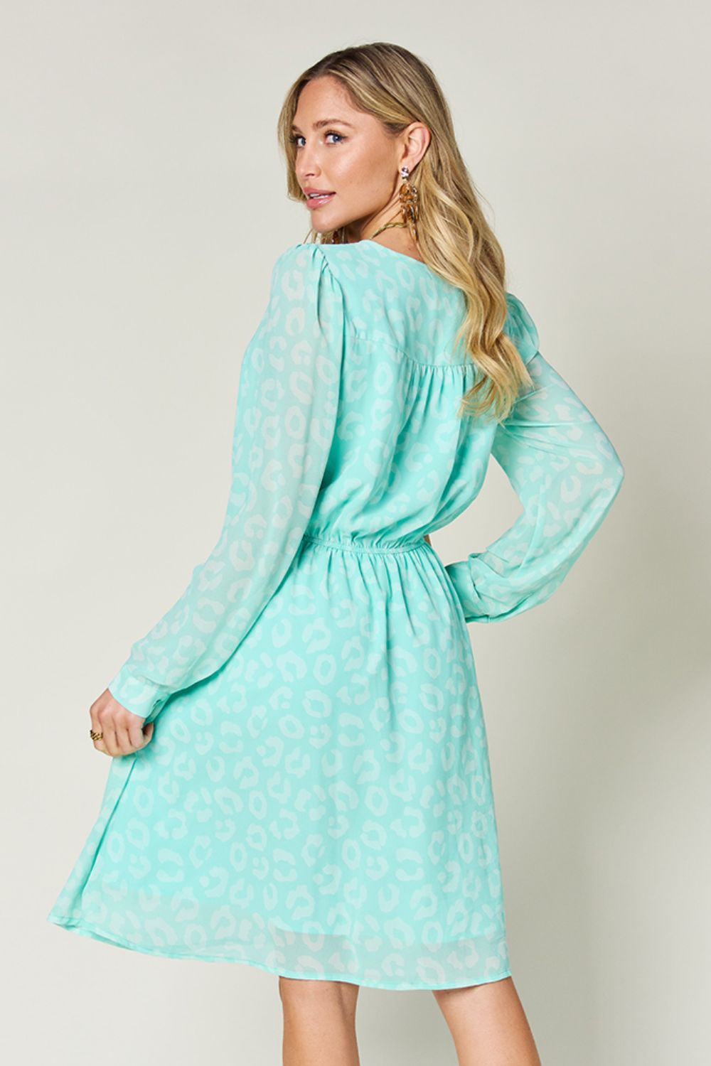 Double Take Full Size Printed Ruched V-Neck Long Sleeve Dress-Angel Casuals