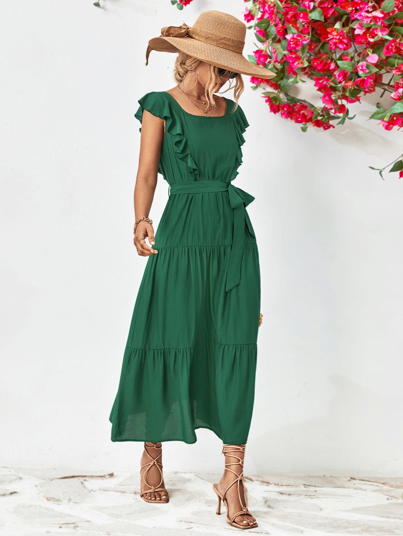 Tie Belt Ruffled Tiered Dress-Angel Casuals