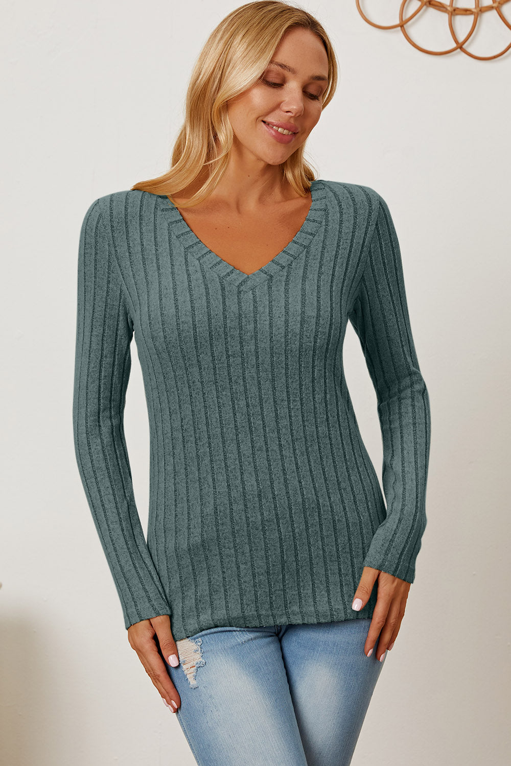 Basic Bae Full Size Ribbed V-Neck Long Sleeve T-Shirt-Angel Casuals