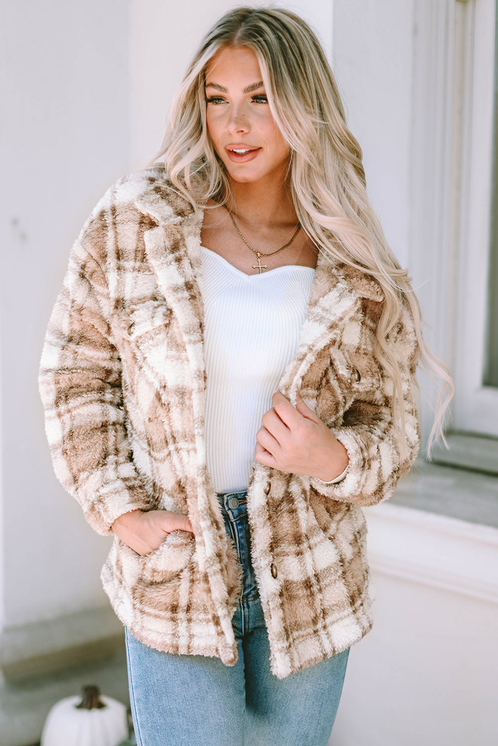 Plaid Collared Neck Jacket-Angel Casuals