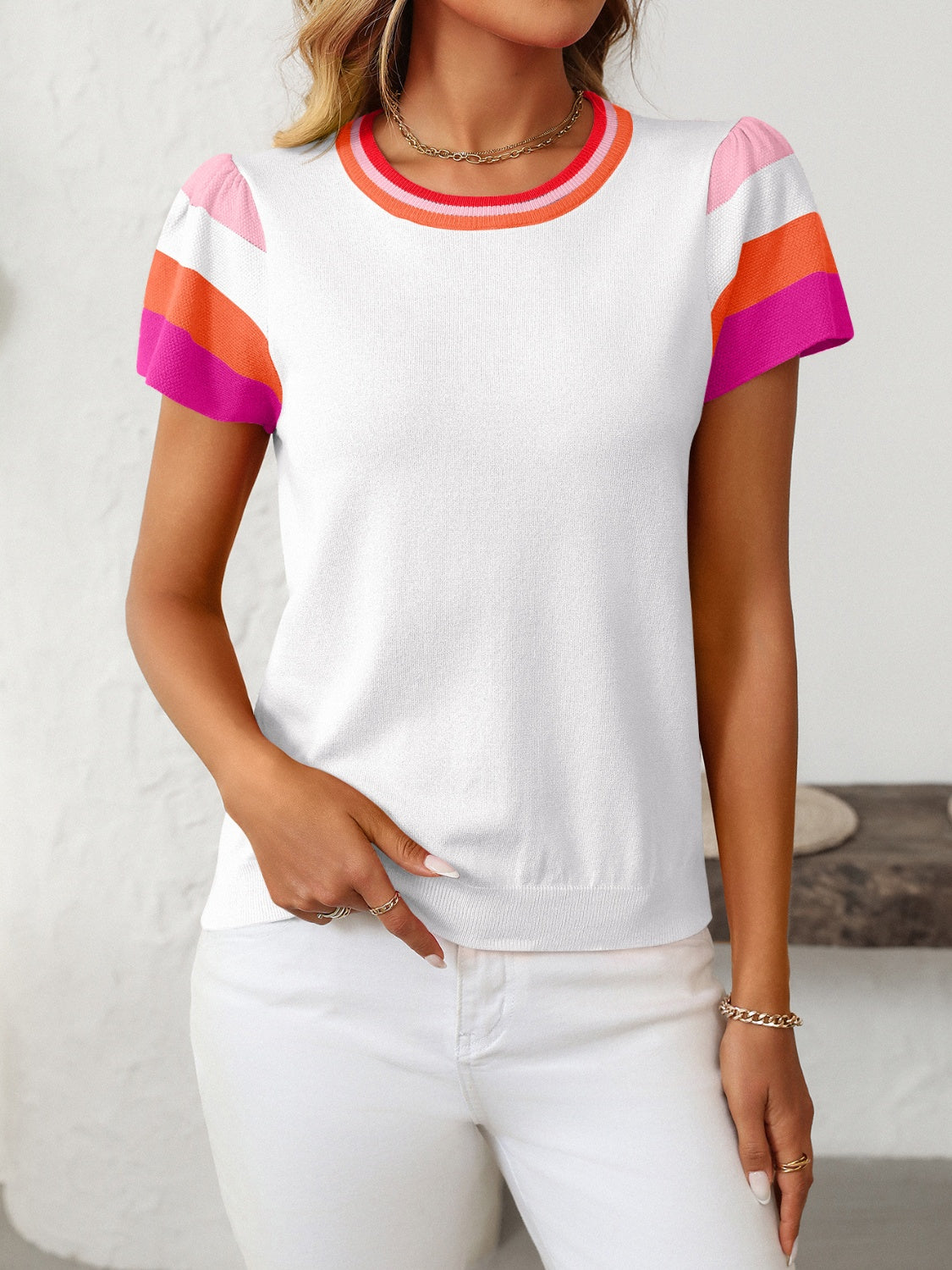 Mandy Contrast Round Neck Short Sleeve Knit Top-Angel Casuals