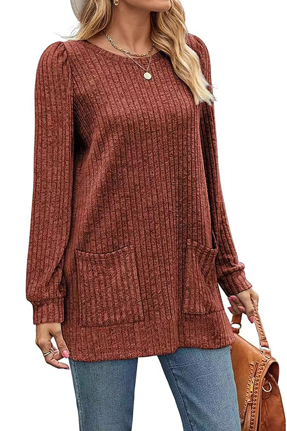 Ribbed Round Neck Long Sleeve T-Shirt-Angel Casuals