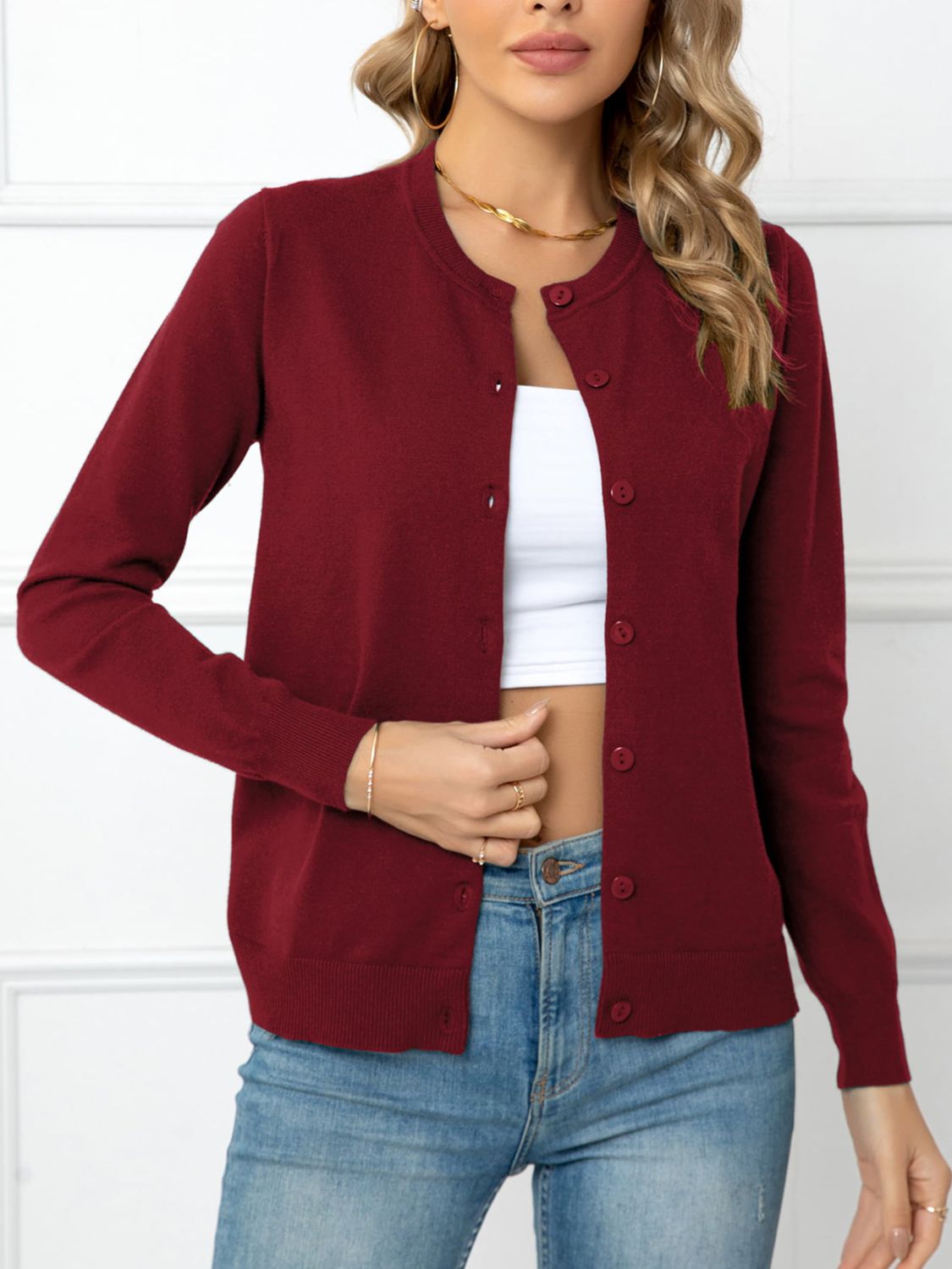 Button Down Round Neck Cardigan-Angel Casuals