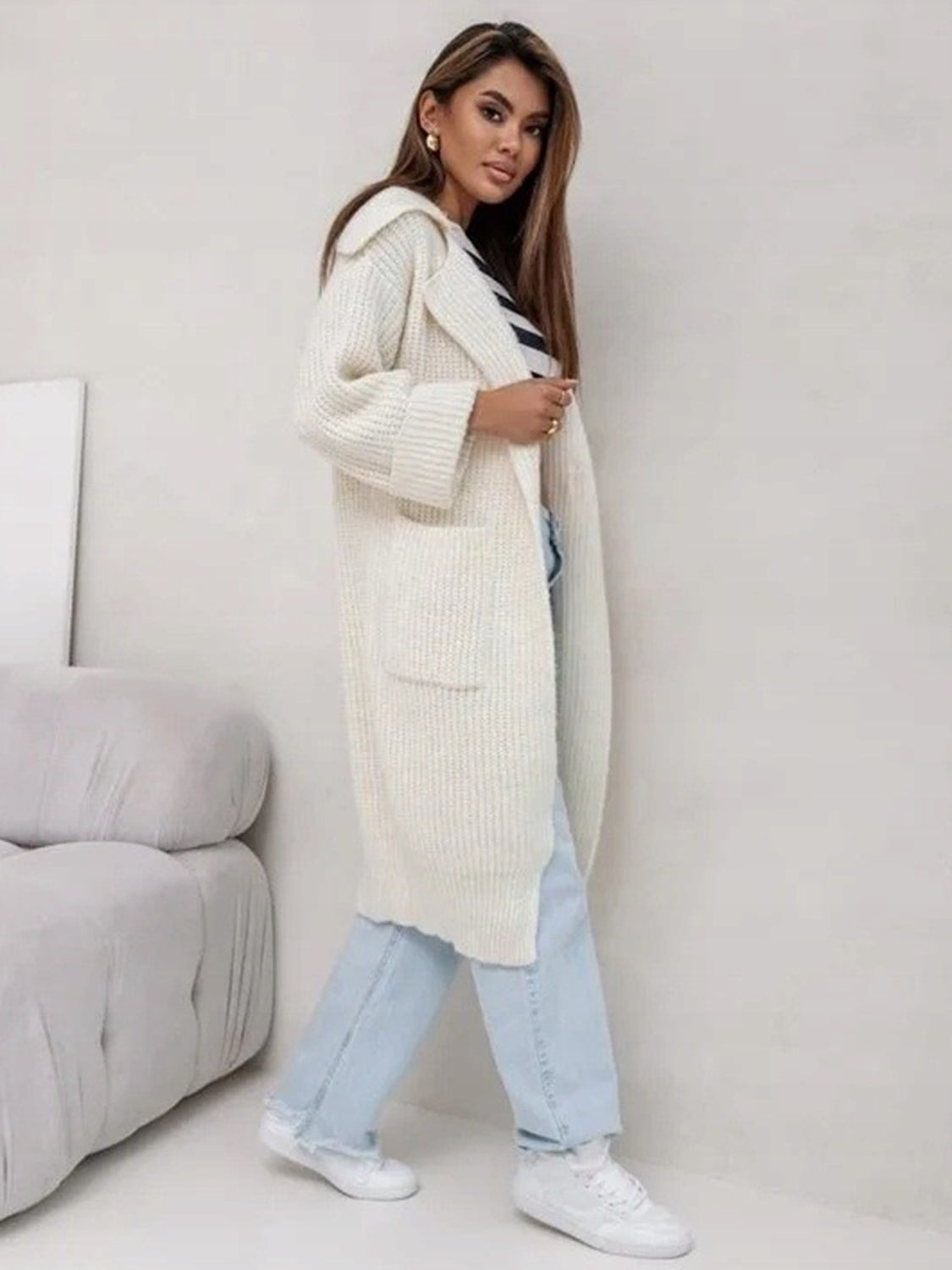 Pocketed Collared Neck Dropped Shoulder Cardigan-Angel Casuals