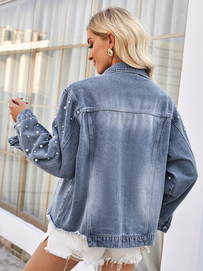 Pearl Trim Raw Hem Denim Jacket-Angel Casuals