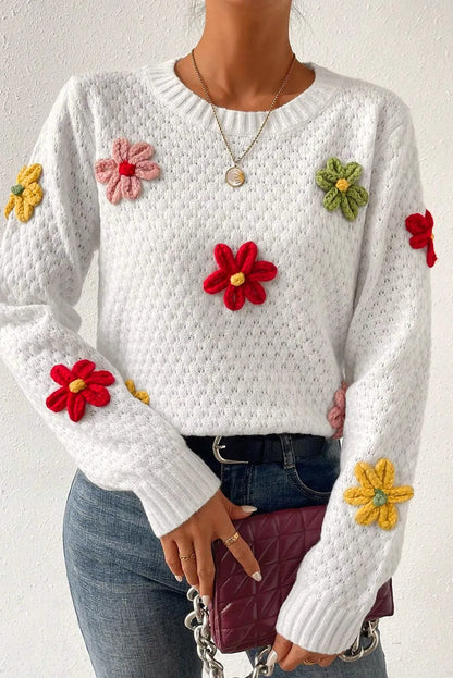 Crochet Flower Round Neck Sweater-Angel Casuals