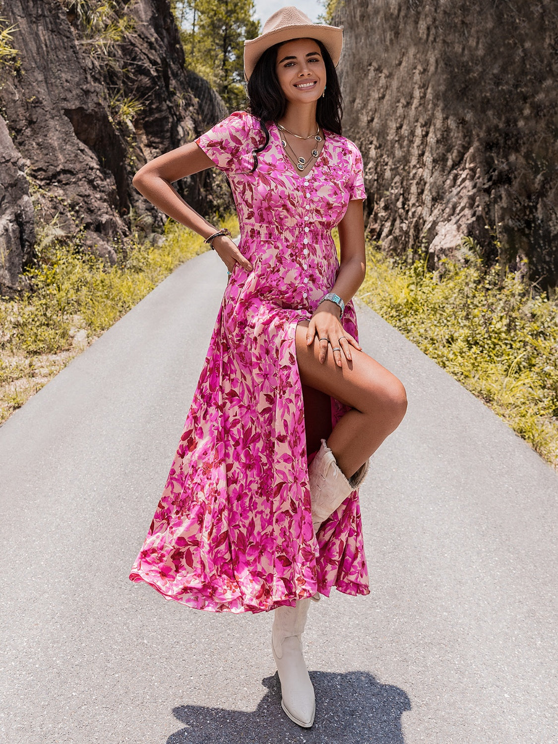 Floral V-Neck Slit Dress-Angel Casuals