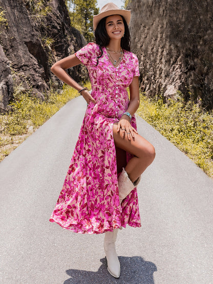 Floral V-Neck Slit Dress-Angel Casuals