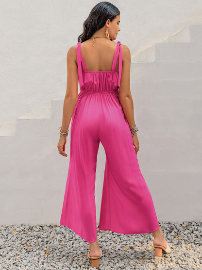 V-Neck Wide Strap Slit Jumpsuit-Angel Casuals