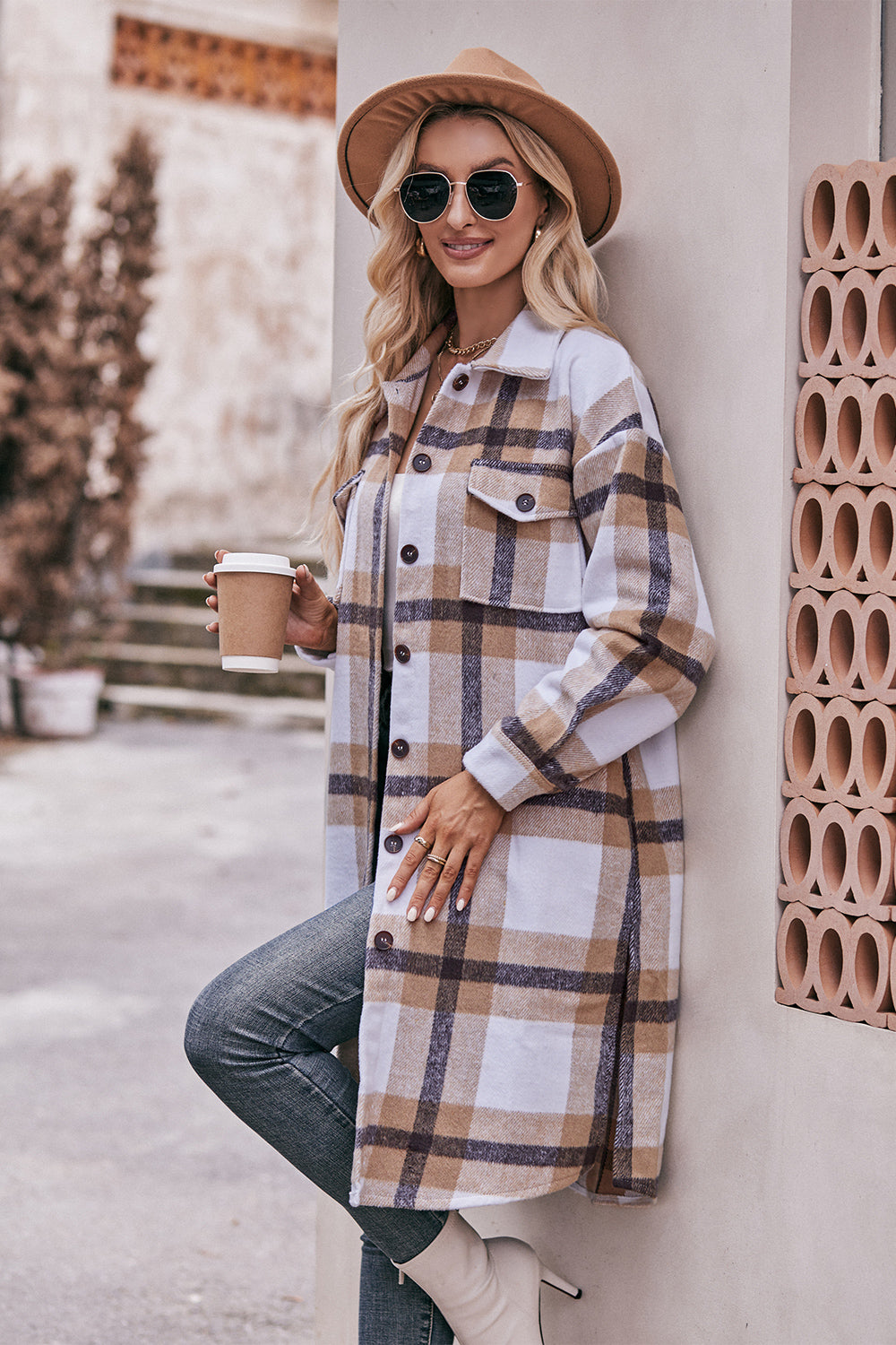 Mandy Plaid Dropped Shoulder Longline Jacket-Angel Casuals