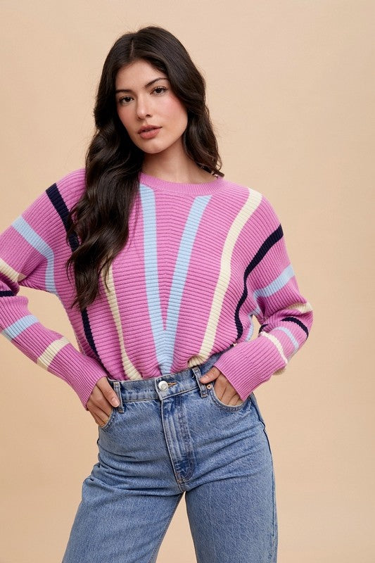 Annie Wear Chevron Stripe Round Neck Ribbed Sweater-Angel Casuals