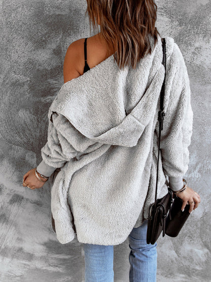 Open Front Hooded Faux Fur Outwear with Pockets-Angel Casuals
