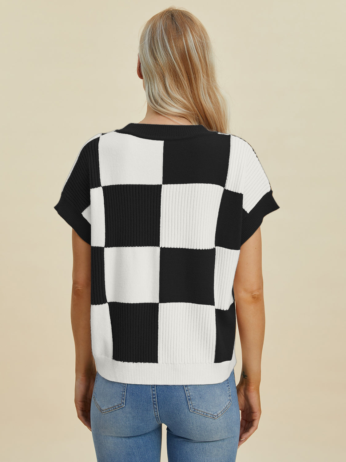 Double Take Full Size Checkered Round Neck Short Sleeve Sweater-Angel Casuals