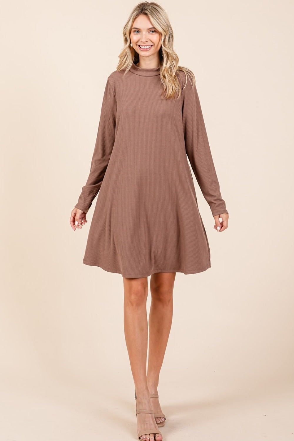 Mittoshop Mock Neck Long Sleeve Dress with Pockets-Angel Casuals