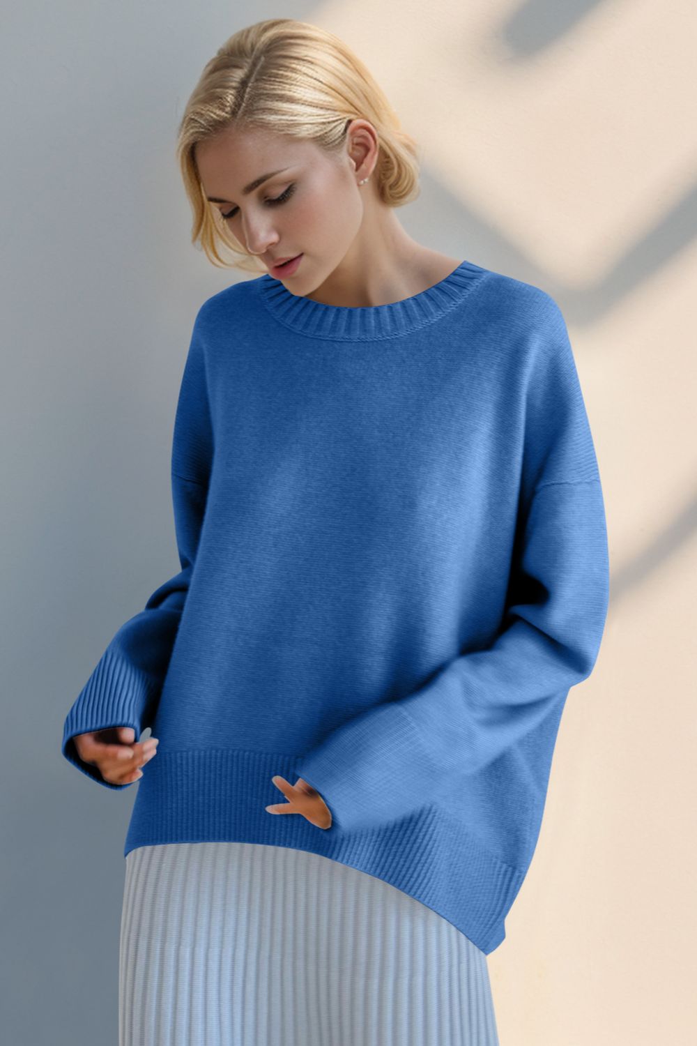 Basic Bae Round Neck Dropped Shoulder Sweater-Angel Casuals